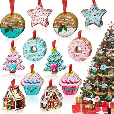 Festive Christmas Tree Ornaments & Gingerbread House Wooden Hangers: Sweet Donuts, Cakes & Colorful Cookies for Candy Party Decor