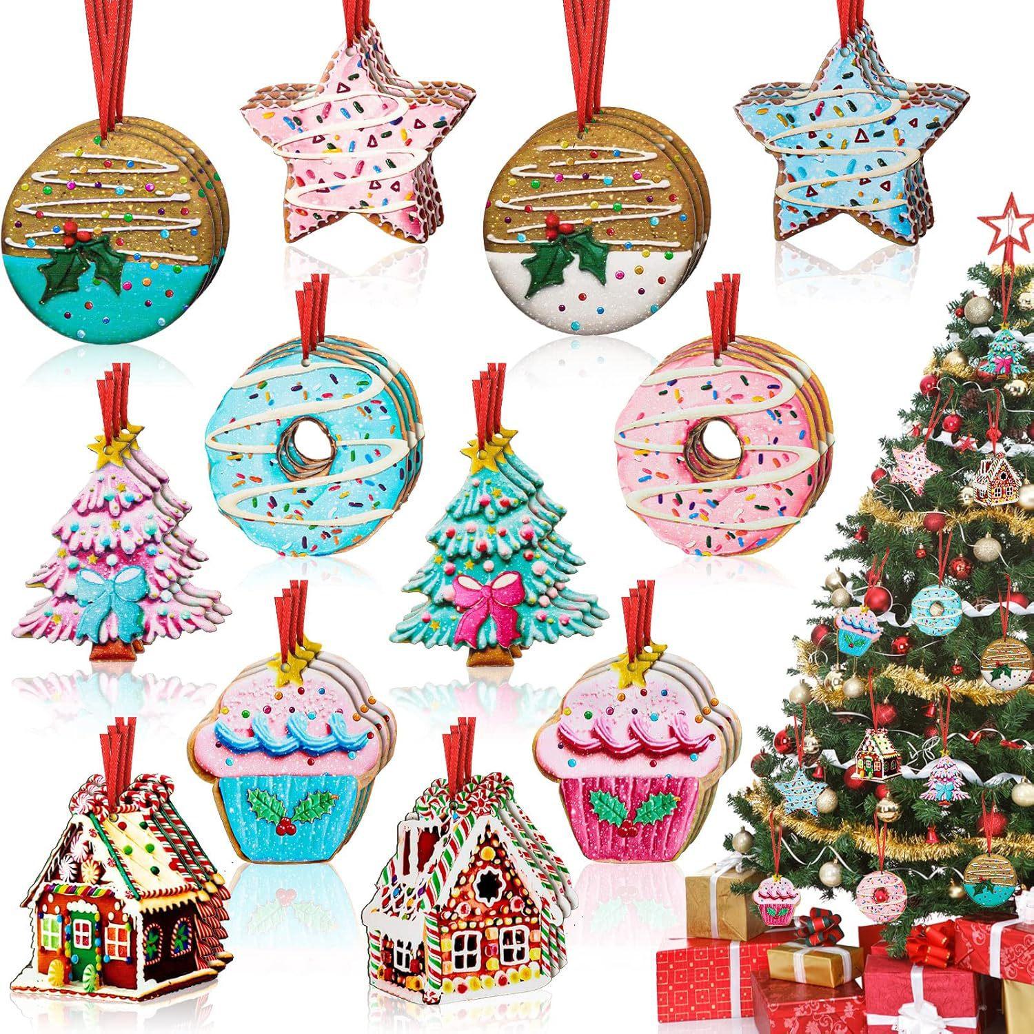 

Праздничные елочные украшения и деревянные подвески в виде пряничного домика: Сладкие пончики, торты и разноцветное печенье для украшения конфетной вечеринки double-sided 36pcs