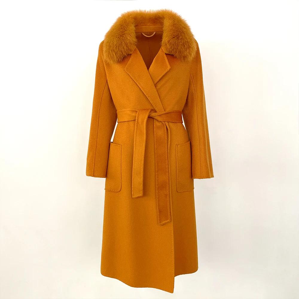 OFTBUY 2024 Autumn Winter Real Fox Fur Collar Water Ripple Double-Sided Woolen Coat Women Long Coat 100% Wool Removable Fur Collar