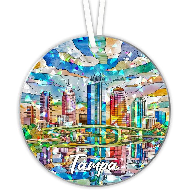Tampa Stained Glass Ornament, Hologram Suncatcher with 2-Sided Printing, Broken Glass Acrylic Tree Decoration, Hanging Car & Window Decor Gift for