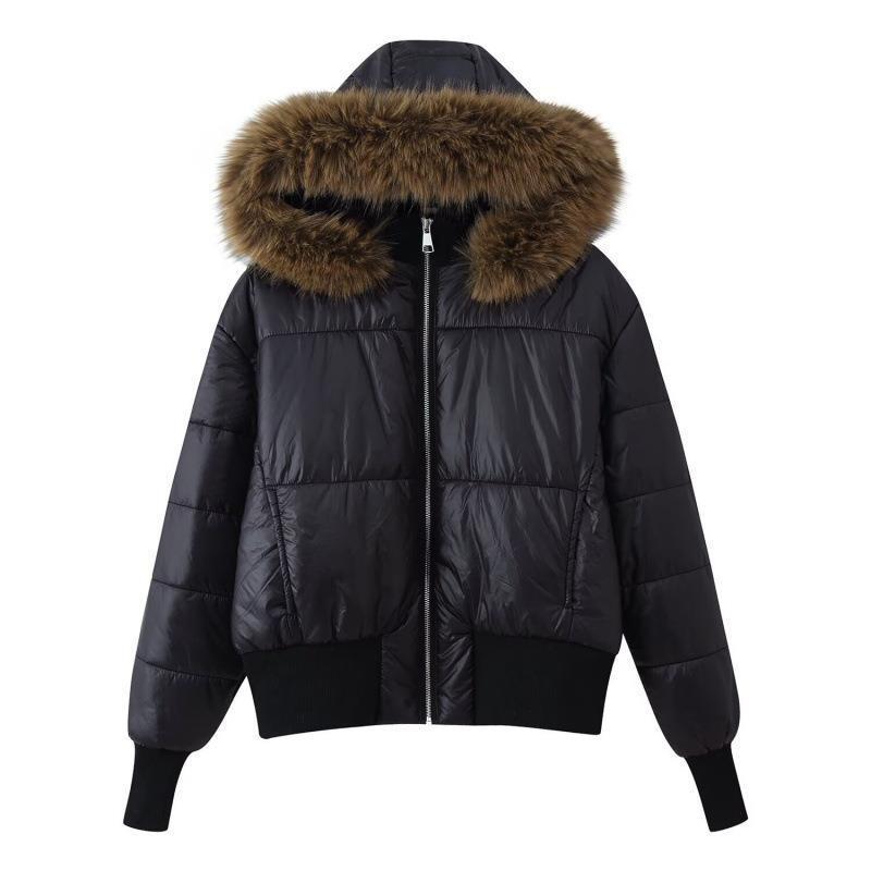 Womens Hooded Cotton Puffer Jacket With Faux Fur Trim Zipper Front Long Sleeve Pocketed Regular Fit Streetwear Style
