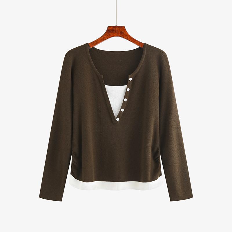 

Плюс Размер Женский Поддельный Два Контрастных Цвета Осенний Утягивающий Трикотажный Свитер XXXL кофейный