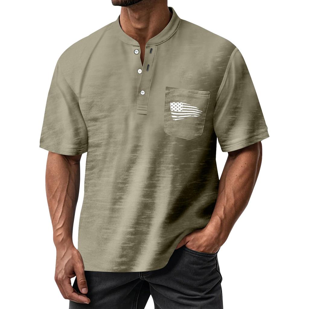 Men's Summer Round Neck Short Sleeve T-Shirt Neck Men's All- Casual Button Shirt