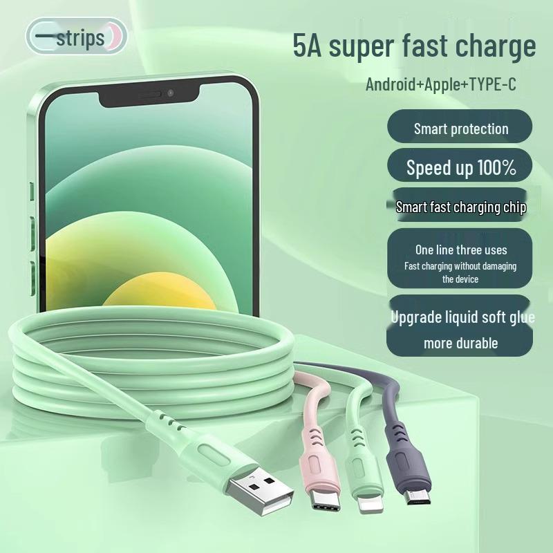 Liquid Soft Rubber 3-in-1 Fast Charging Cable for Apple, Huawei, and Android Devices - Extensible Design.