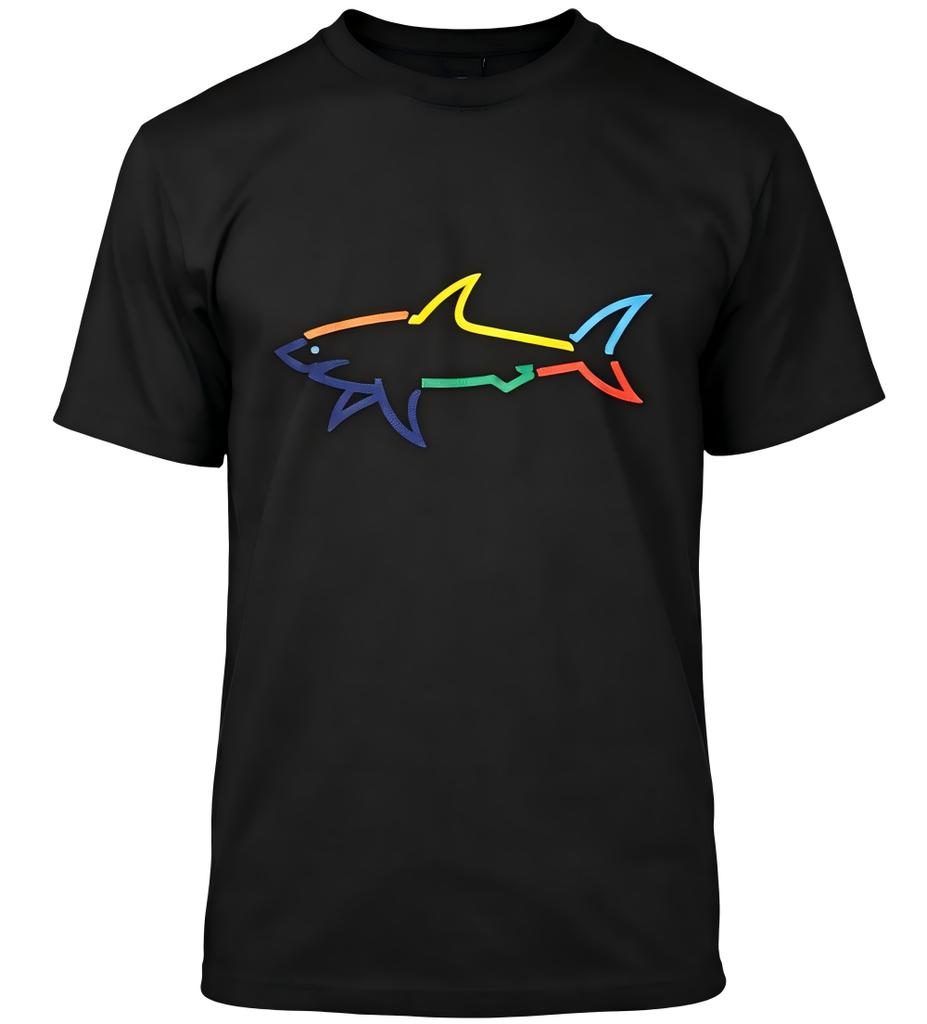 Rainbow Line Art Shark Graphic Black T-Shirt