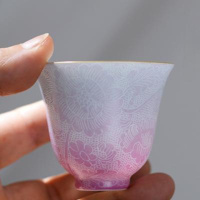 Handmade Ceramic Teacup Carved Floral Gradient Gold Trim Chinese Gongfu Tea Set Porcelain Tea Ware Personal Tea Cup Gift Present