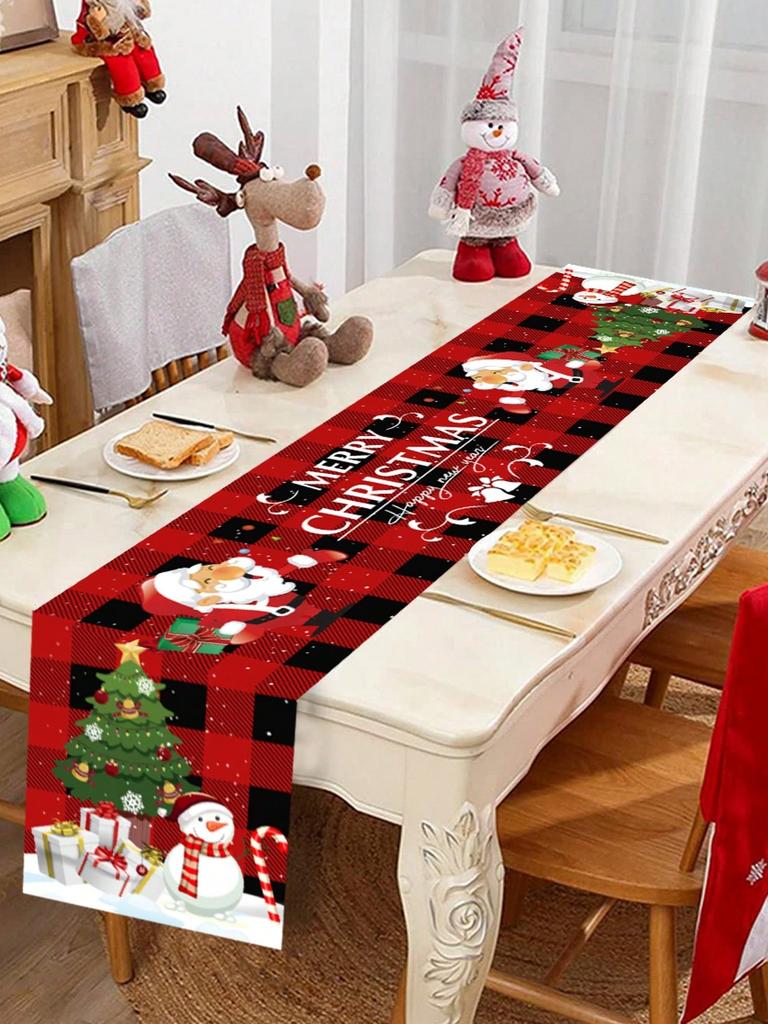 1pc Merry Christmas Snowman Snowflake Christmas Tree Pattern Table Runner, Christmas Tablecloth, Polyester Christmas Table Cover, Merry Christmas,