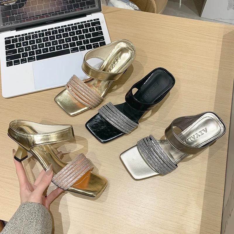 Fashion Women's High Heels Slippers 2025 Summer New Fashion Toe Dance High Heels Sandals Crystal Belt Platform Women's Shoes Sandalias