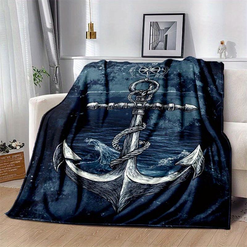 1pc Nautical Anchor & Waves Printed Throw Blanket - High-Quality Polyester, Rectangular, Knit Fabric, Ideal for Cozy Home Decor & Unique Gif