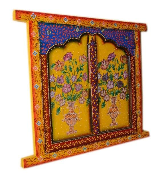 Hand-Painted Wooden Jharokha: Antique Indian Window Wall Decor