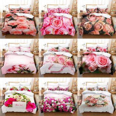 Conjunto de capa de edredom e fronhas de flores rosa tamanho king size 220x240 cama de casal solteiro 3D queen conjuntos de cama rosa colcha completa de solteiro linho