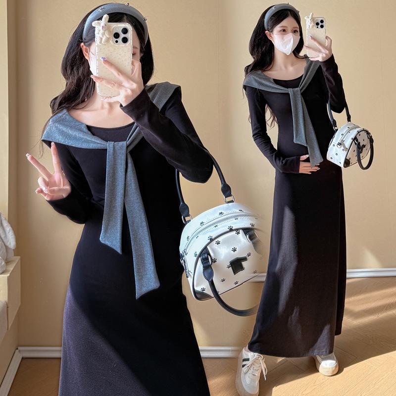Autumn/Winter French Maternity Slim Fit Mid-Length Dress - Soft, Stylish, Comfortable, Stomach-Friendly.