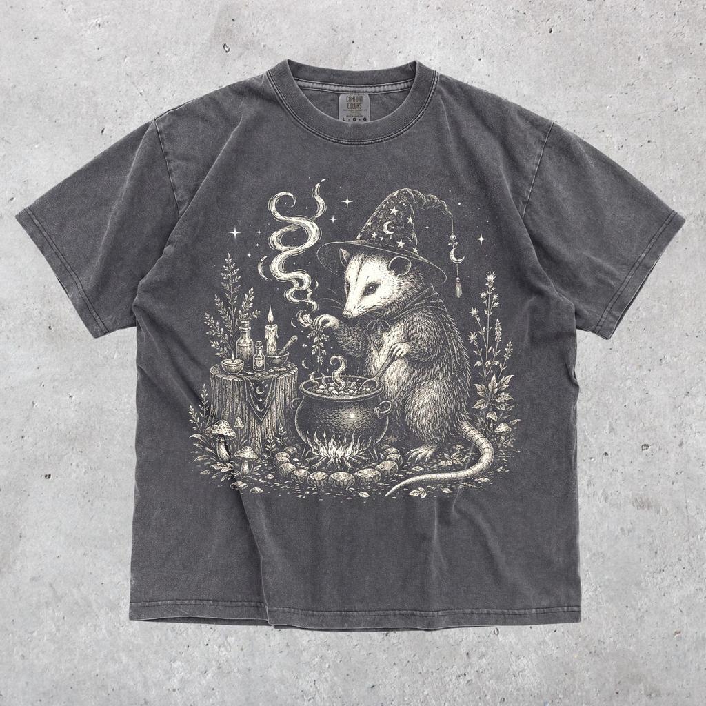 Witch Opossum Shirt, Vintage Spooky Woodland Graphic Tee, Cottagecore Halloween Animal Apparel, Forest Witch Gift, Nature Lover Shirt