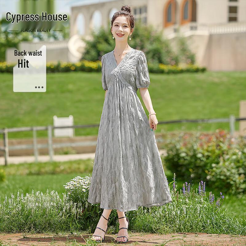 Sibaishe Elegant V-Neck Puff Sleeve A-Line Midi Dress M