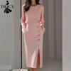 Women's Fashion Spring Fall Solid Color Print Long Sleeve O-Neck High Waist Casual Dresses