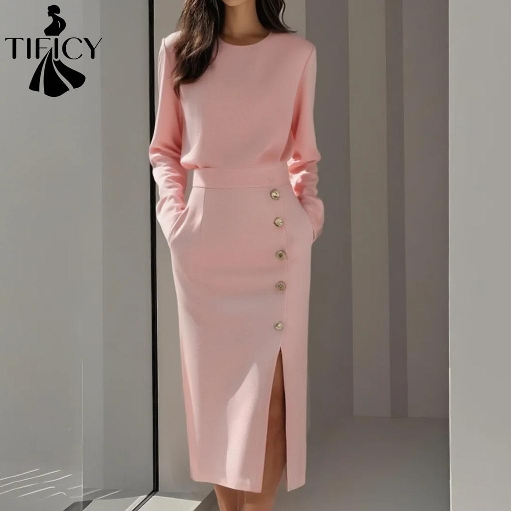 TIFICY Women's Fashion Spring Fall Solid Color Print Long Sleeve O-Neck High Waist Casual Dresses