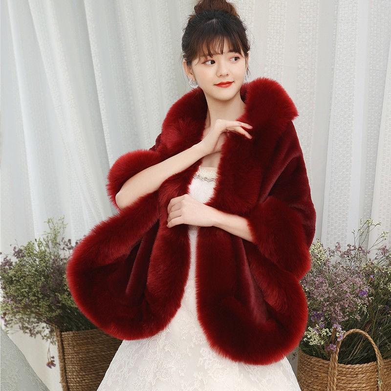 Mantello Scialle in Ecopelliccia da Donna Abito da Sposa Invernale Eleganza Cappotto Senza Maniche Lunghezza Media Bianco Grigio Nero Rosso