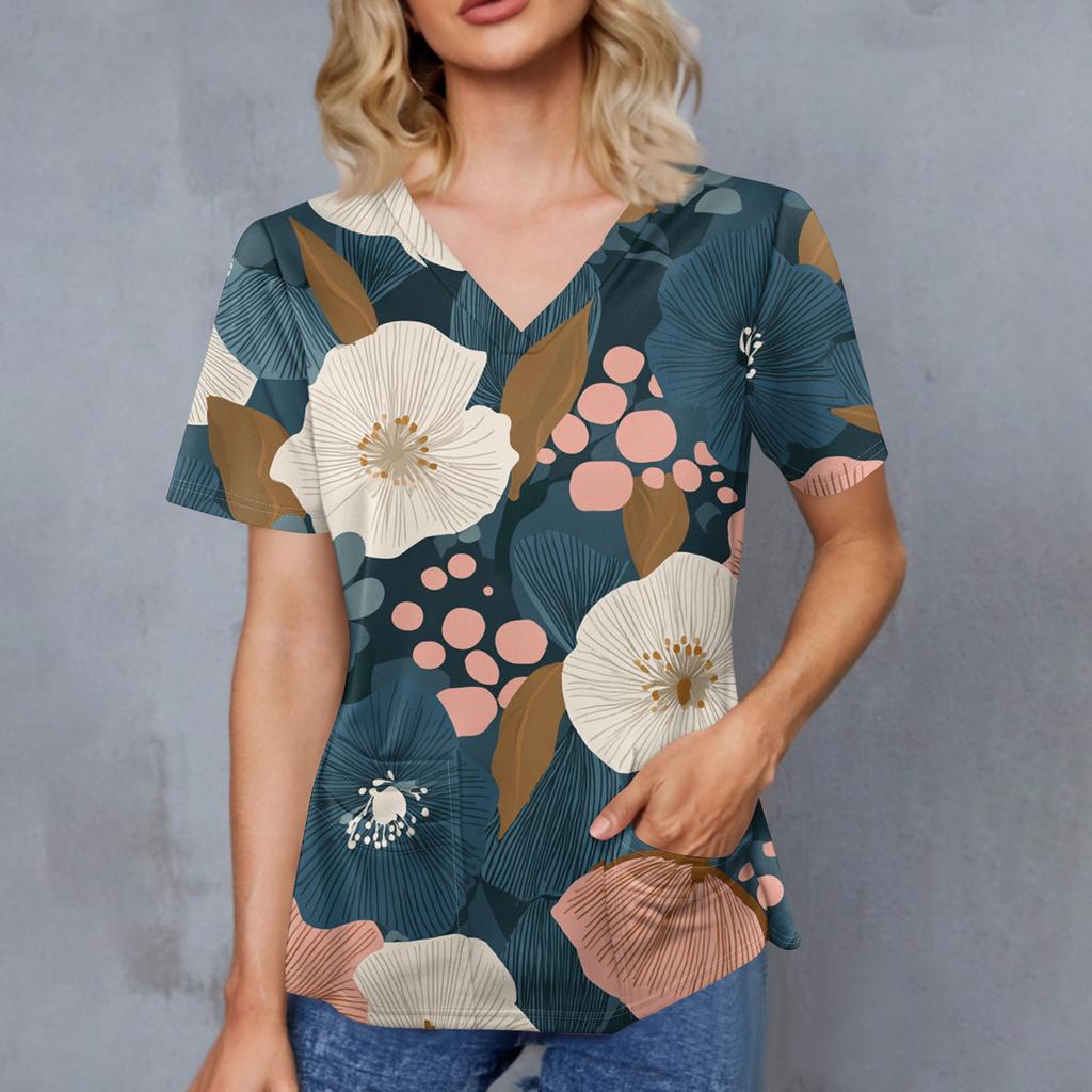 Women's Retro Printed V-Neck Double Pocket Short Sleeves Hem Slit  Uniform Caregiver Top