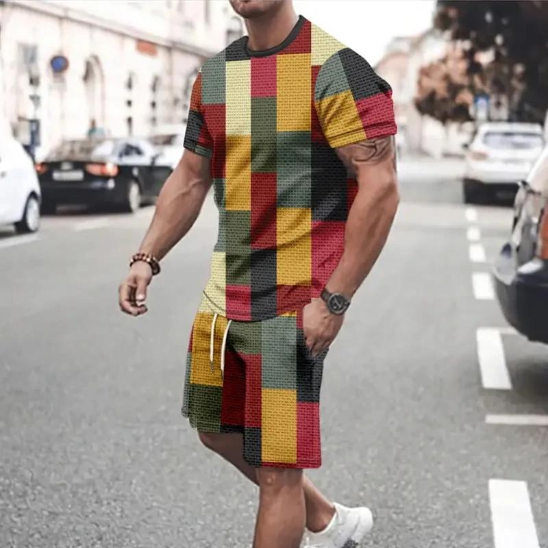 

Летний мужской спортивный костюм, футболка с коротким рукавом, одежда с 3D клетчатым принтом, мужской короткий комплект, повседневный спортивный костюм, мужская одежда с круглым вырезом