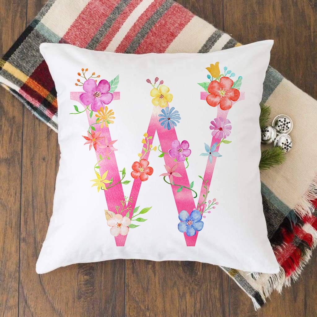 Pink Alphabet Flower Printed Cushion Cover Pillowcase English Letter A-Z Home Decorative Sofa Bed Backrest Pillow Cover 45*45cm