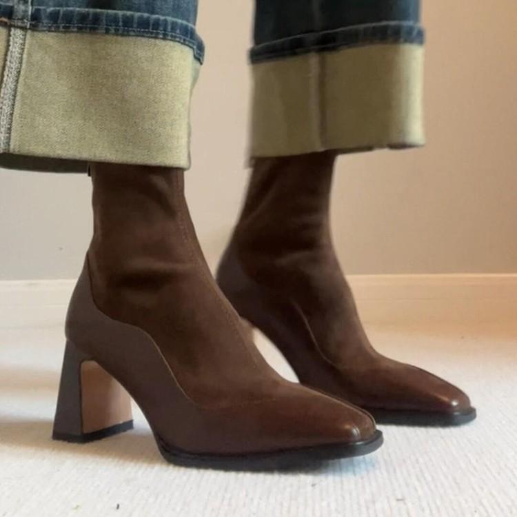 Francuskie Vintage Łączone Brązowe Elastyczne Obcisłe Kozaki Damskie Zamek z Tyłu na Główce Wysoki Obcas Krótkie Kozaki Małe Skarpety Kozaki