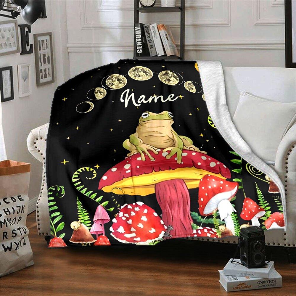 Frog On Mushroom Under Moonlit Sky Gift Personalized Blanket Personalized Name Soft Warm Cozy Versatile For Sofa Couch Office Bed Picnics For All