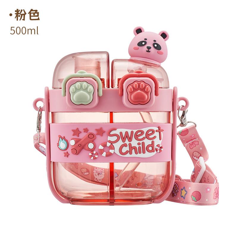 

Children s water cup large-capacity plastic double-warehouse double drinking cup straw cup high temperature resistant student sub-warehouse cup 500ml