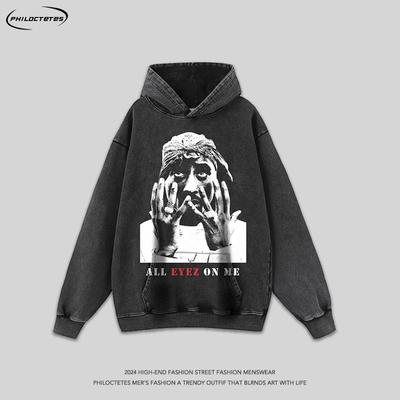 Mens Oversized Vintage Washed Cotton Hoodie With Graphic Print Drop Shoulder Long Sleeve Round Neck Loose Fit Streetwear