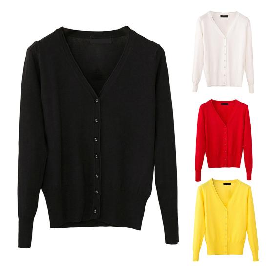 Damski sweter z dzianiny z dekoltem w serek, długim rękawem, jednorzędowy, jednolity kolor, ściągaczowy dół, miękki i ciepły, kardigan