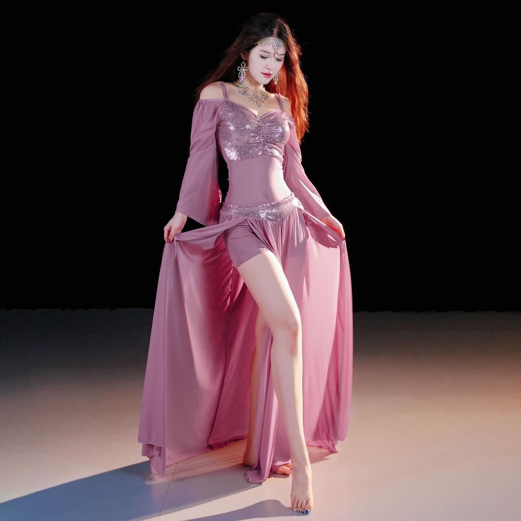Women Belly Dance Costume Set Sequined Off Shoulder Long Sleeve Top Chiffon Split Skirt Oriental Dance Practice Outfit