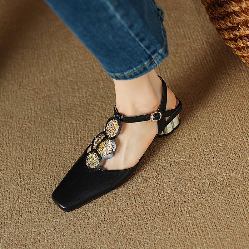 

Летние сандалии на среднем каблуке с закрытым носком, женские сандалии на толстом каблуке с острым носком, повседневные однотонные сандалии с ремешком и пряжкой, резиновая мягкая подошва, новые сандалии с открытой пяткой для женщин 39 чёрный