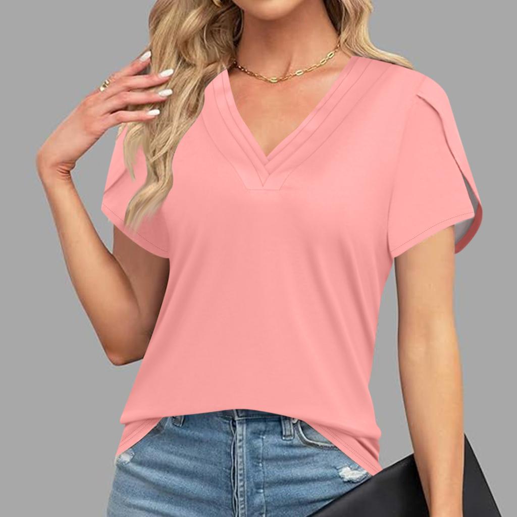 Blouses For Women Dressy Casual, Fashion Solid Color  Retro T-Shirt Unique Design  V-Neck Oversized Tshirts