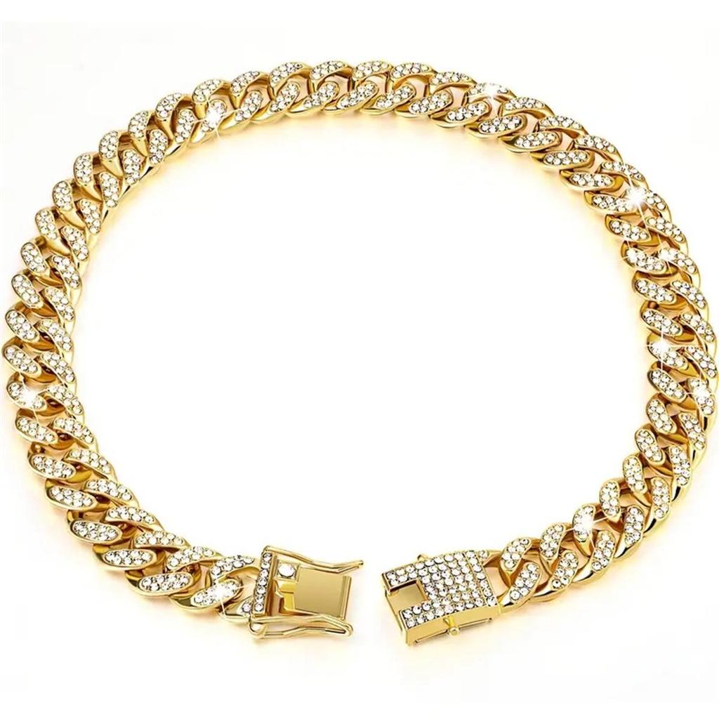 Gold Rhinestone Cuban Chain Pet Necklace - Zinc Alloy Choker for Cats & Dogs