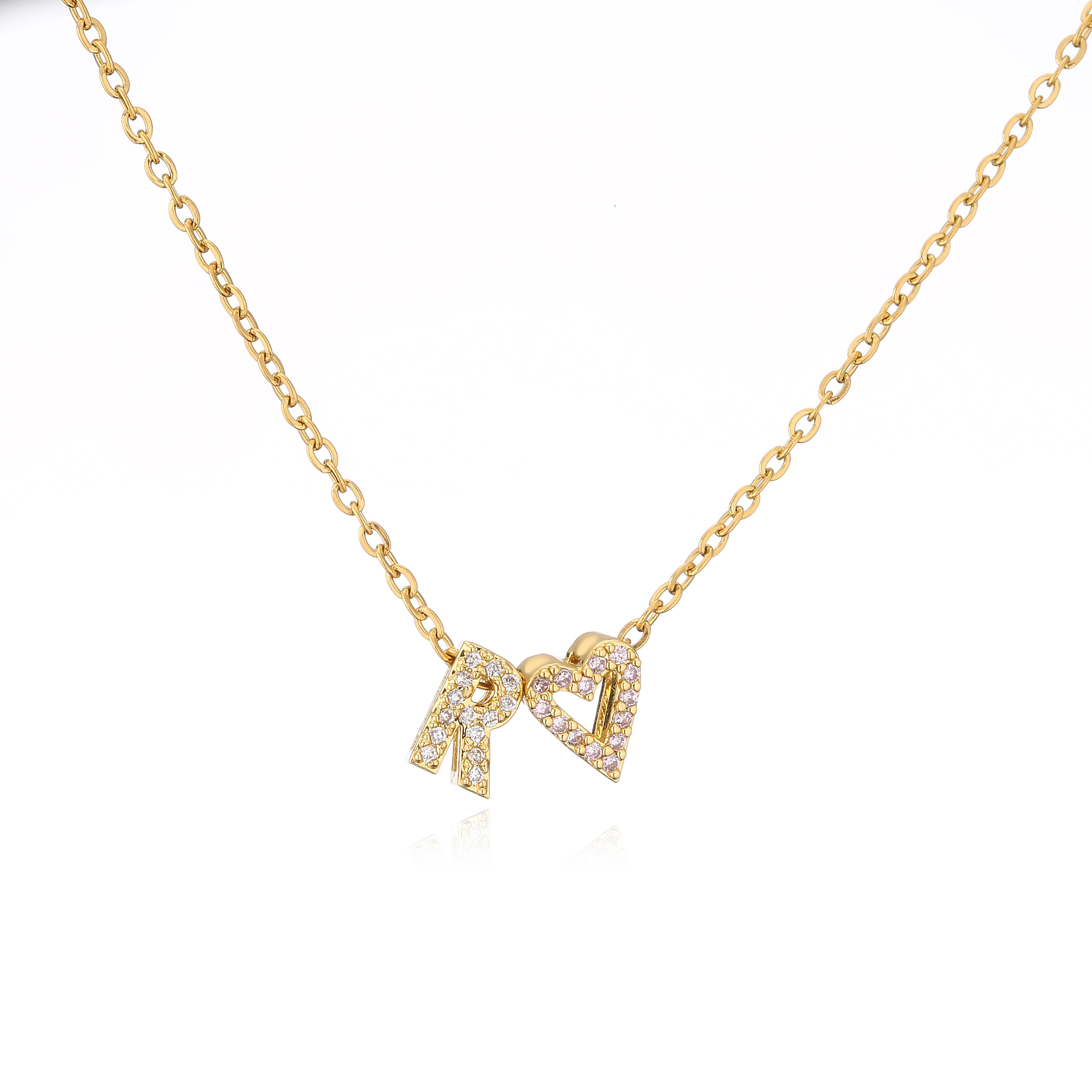 HECHENG,Fashion Tiny Heart Dainty Initial Necklace Zircon Letter Name Choker Necklace For Women Pendant Zircon Gift J&45cm