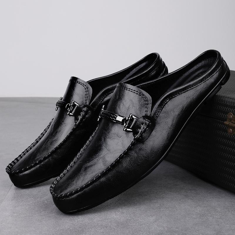 Fashion 2025 Summer New Men's Half Dragged Loafers Leather Comfortable Anti Slip Lazy Fashionable Outdoor Men's Breathable Driving Shoes