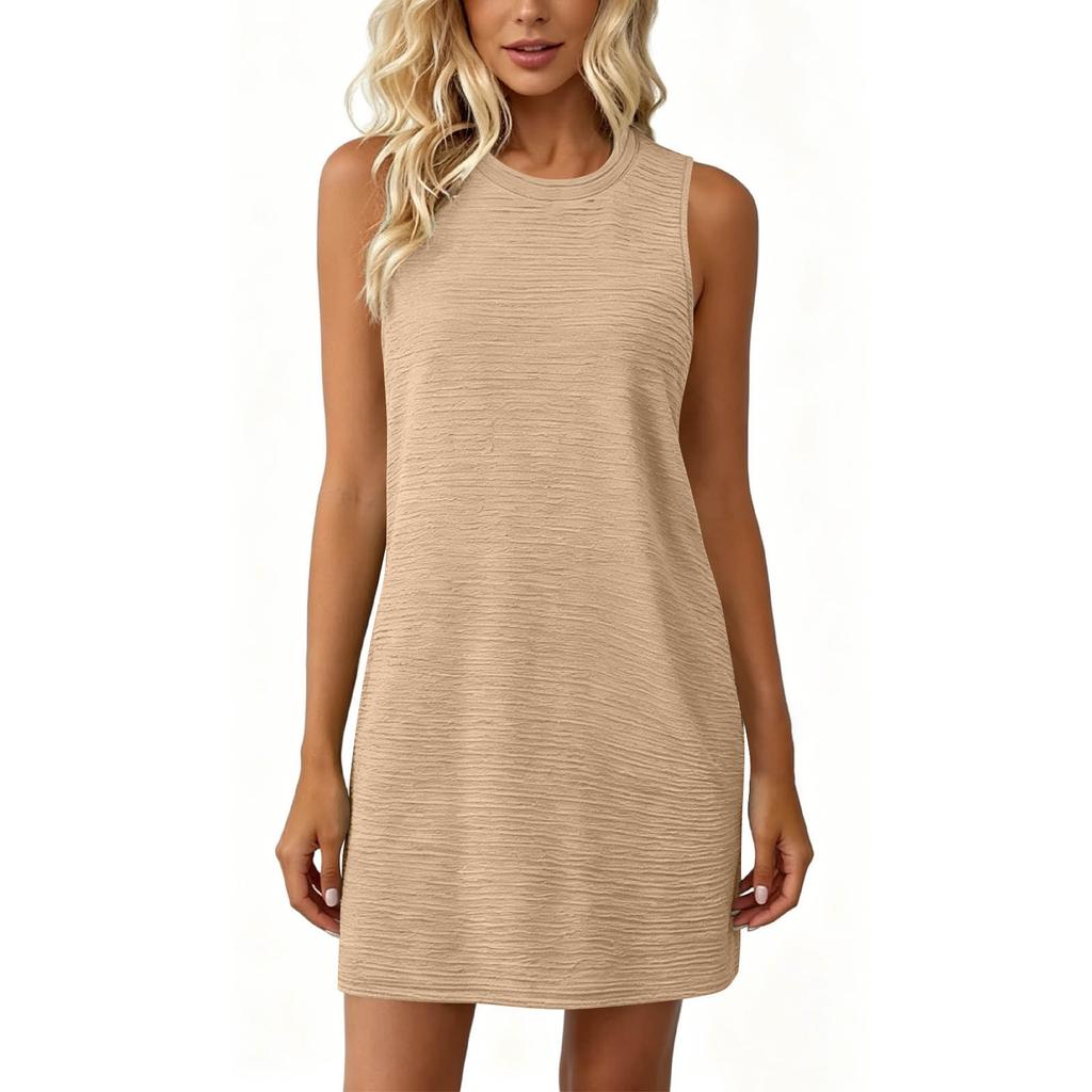 Sleeveless Casual Dress Women Summer Round Neck Solid Color Side Pocket Relaxed Fit Mini Dress