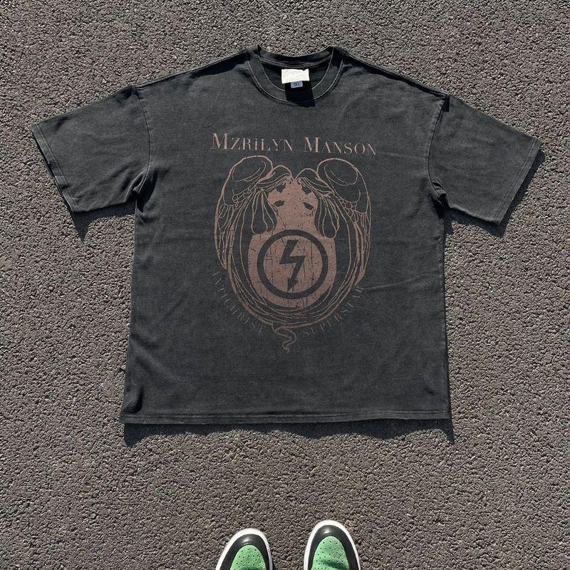 

Overseas Order Tail Goods ~ Label Cutting Withdraw Export American Oversize Distressed Short Sleeve T-Shirt Men and Women All-Matching Tops Washed Black S