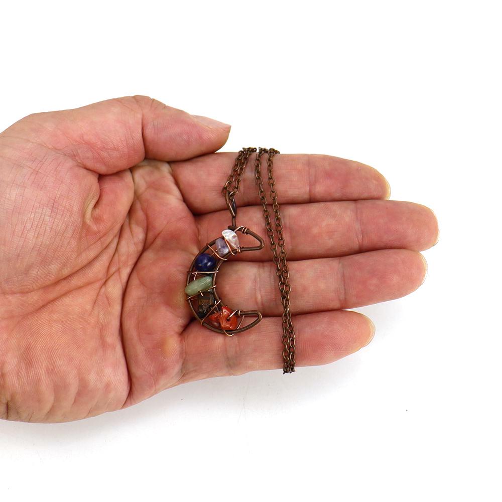 Vintage Handmade Wire-Wrapped Amethyst Moon Pendant Necklace with Colorful Crushed Stone Beads