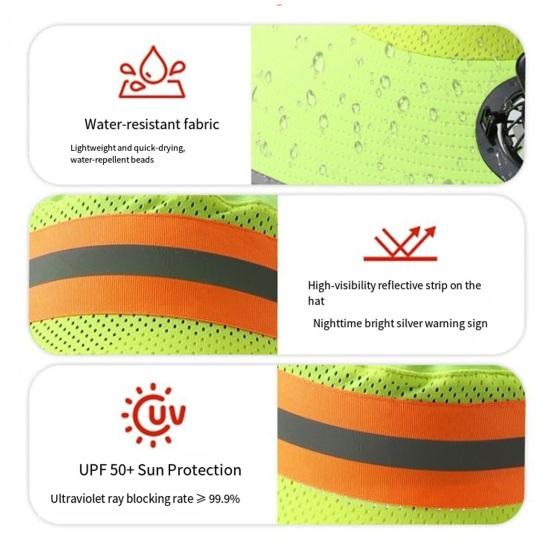 Sonnenhut mit zwei Solarlüftern Hochglänzende Reflektorstreifen Sicherheitswarnung Überdimensionierter Schirm Vollgesichts-UV-Schutz Eimerhut