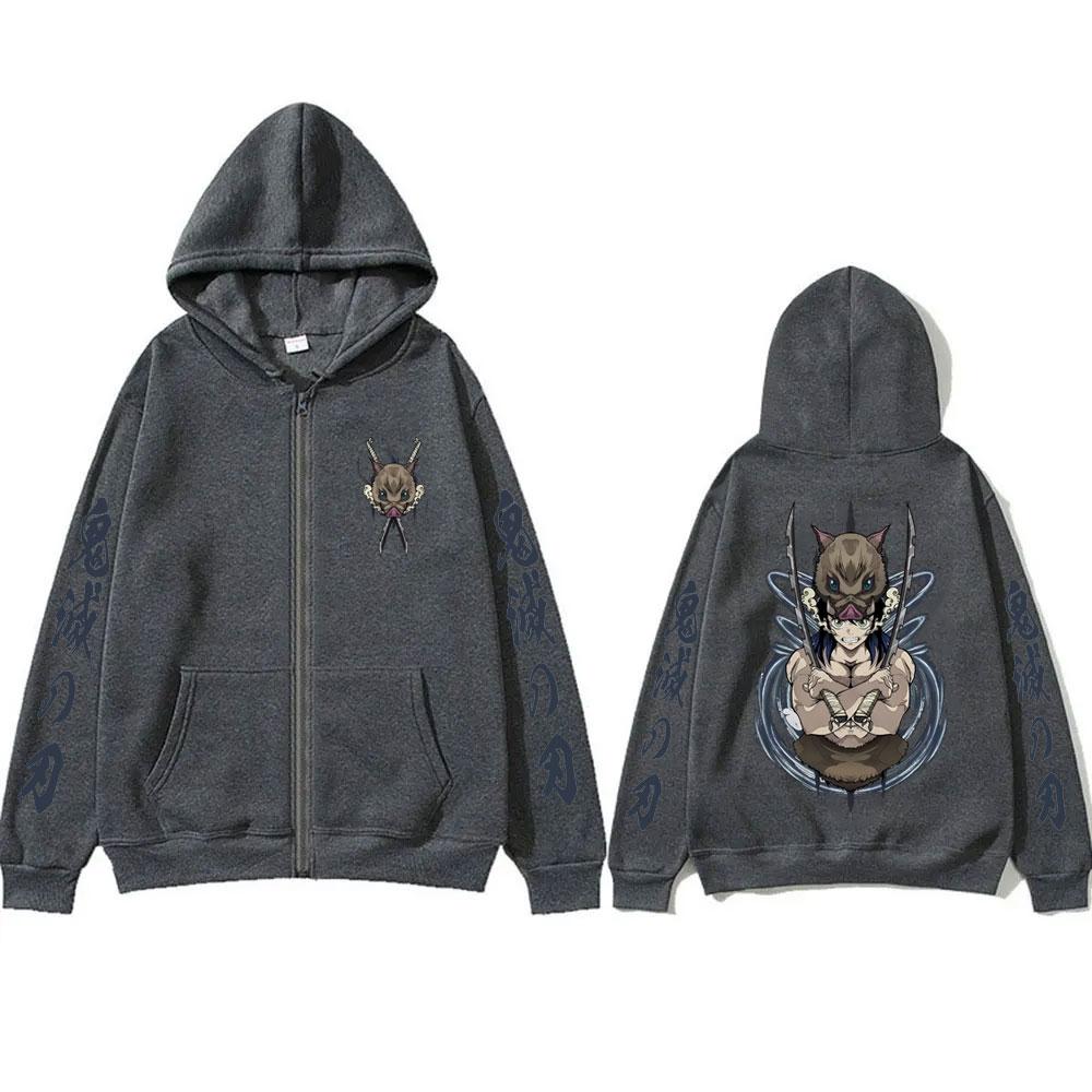 Anime Demon Slayer Hashibira Inosuke Reißverschluss-Hoodie Herren Damen Lässig Übergroße Zip-Up Jacke Mantel Herrenmode Sweatshirt M black