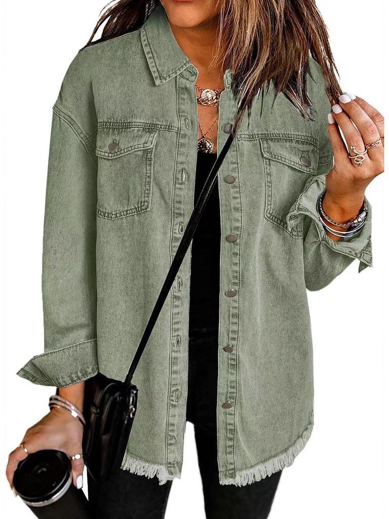 Women's Frayed Hem Denim Shirt Jacket - European & American Street Style for Autumn/Winter.