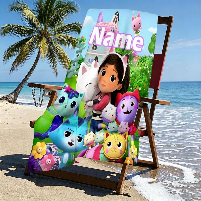 Custom Name Personalized Gabby's Dollhouse Print Beach Towel, for Trip Camping Beach Party Home Decor, Birthday Gift for Family & Friends