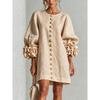 French Style 3D Floral Cotton Linen Dress, Lantern Sleeve Round Neck Single Breasted Loose Slimming Vacation Mini Dress