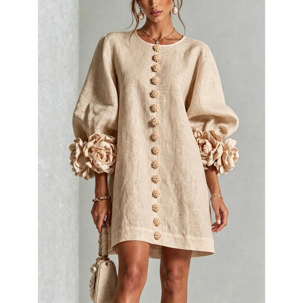 French Style 3D Floral Cotton Linen Dress, Lantern Sleeve Round Neck Single Breasted Loose Slimming Vacation Mini Dress