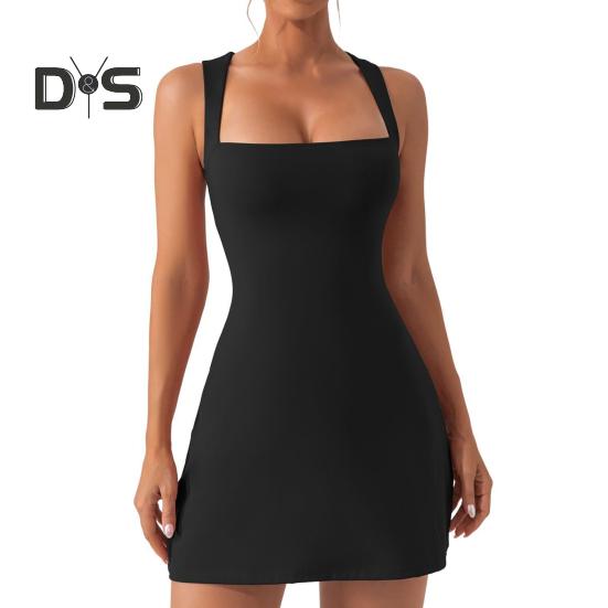 

Женское мини-платье с квадратным вырезом, без рукавов, с открытой спиной, высокая эластичность, однотонное облегающее платье длиной выше колена с высокой талией S чёрный