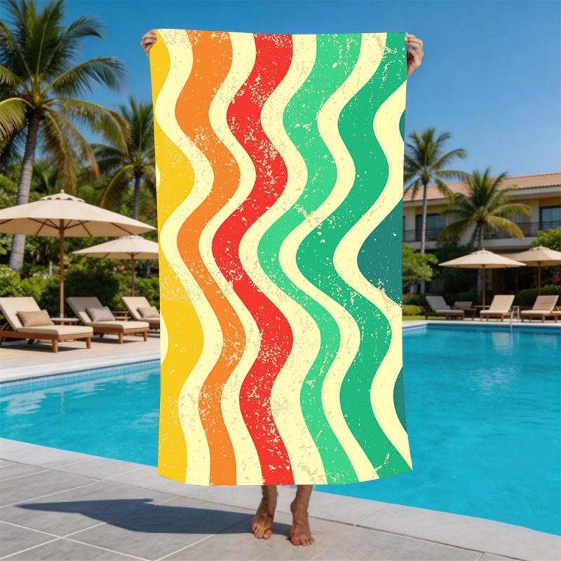 Retro Distressed Multicolor Wavy Stripe Beach Towel Quick Dry Sand Resistant Vintage Rainbow Towel for Beach Pool Travel Yoga