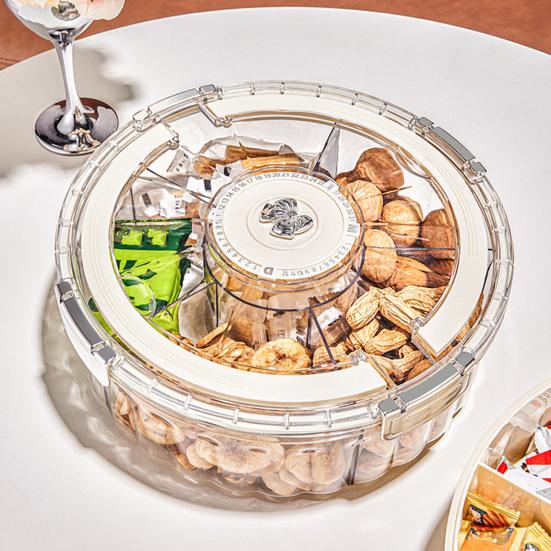 Dry Fruit Plate Rotating Snack Tray with Lid Handle 6-Compartment Divided Serving Platter Indoor Outdoor Dishwasher Safe Snack Server