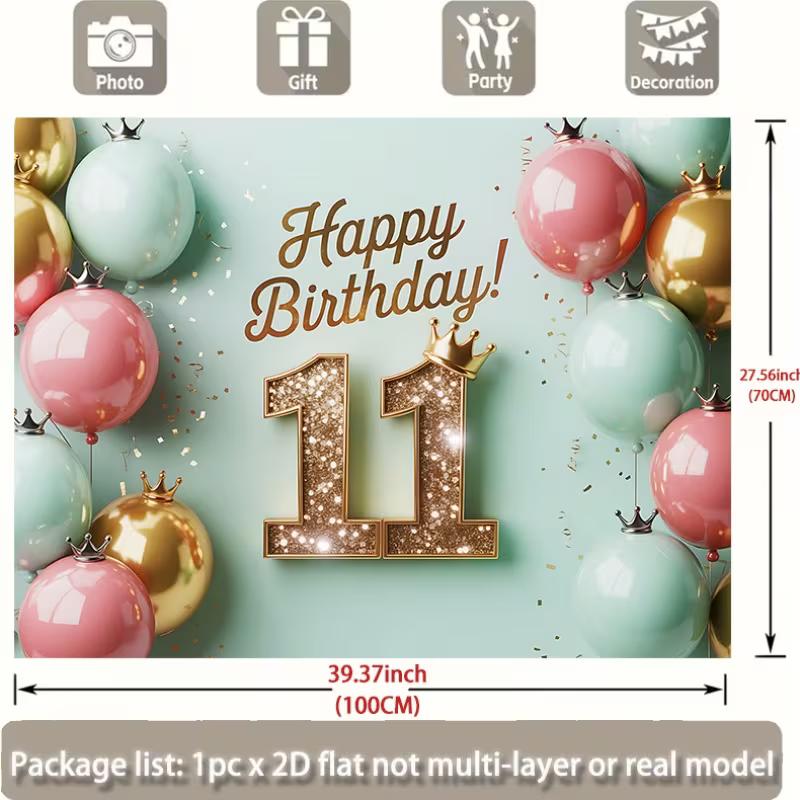 2D 11th Birthday Party Backdrop, Pink Mint Gold Balloon with Crown Background for Photo Booth