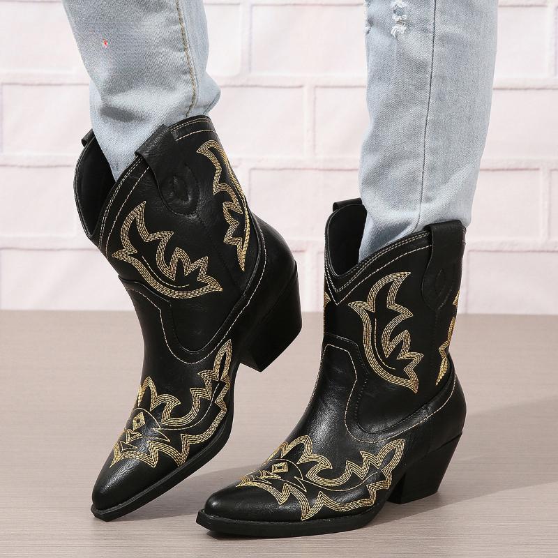 Plus Size 46 Women Embroidered Western Cowboy Boots Stylish and Comfortable Work Boots Block Heel Thick Sole Women Western Shoes