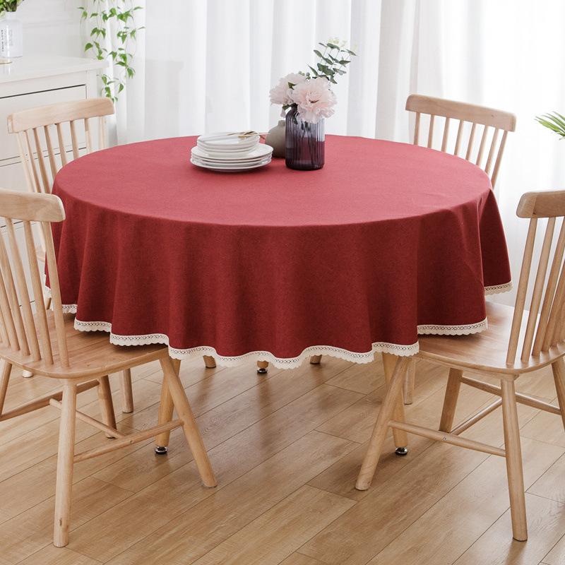 Round Faux Linen Tablecloth With Lace Trim Waterproof Oil And Stain Resistant For Banquets And Parties